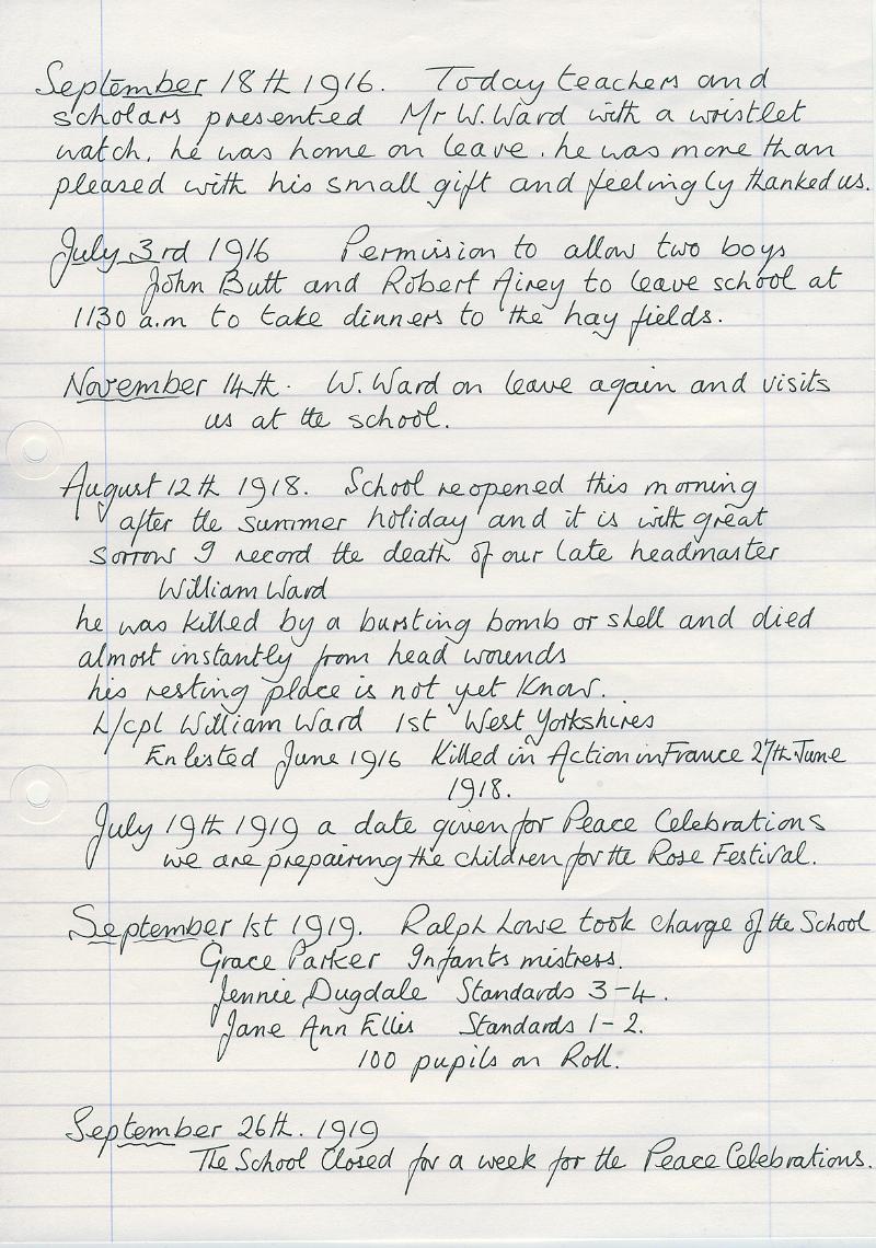 Log Book 1916-19.JPG - Extracts from Long Preston Endowed School Log Book 1916-19